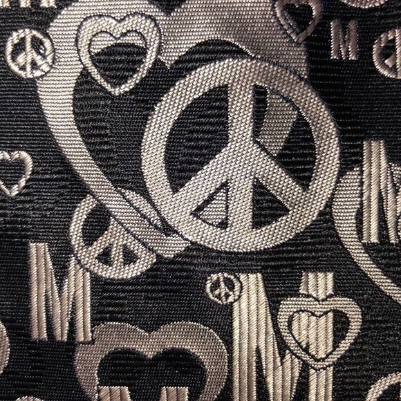 Moschino Black Silver Designer Textured Silk Tie Heart & Peace Logo Print - Picture 2 of 8